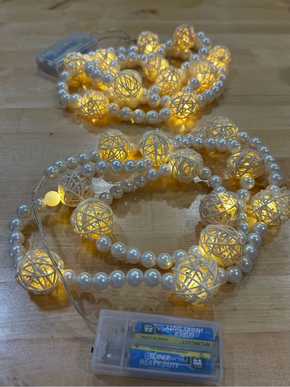 Set of 2 Pearl Bead Rattan Ball String Lights Warm White Battery Operated